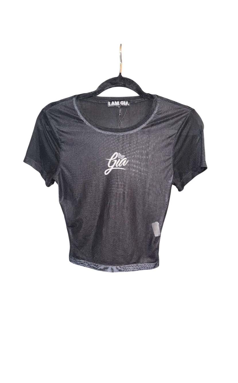 I.AM.GIA Black Mesh Crop Top with Gia Logo and Butterfly Graphic